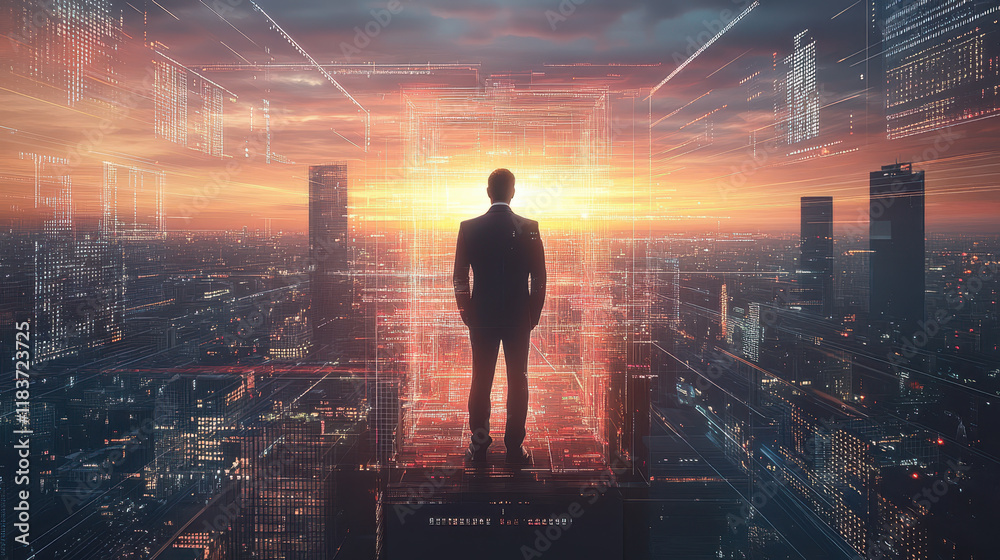 A businessman stands in front of a cityscape, surrounded by digital data, technology, and a global network concept A businessman stands in front of a cityscape, surrounded by digital data, technology, and a global network concept