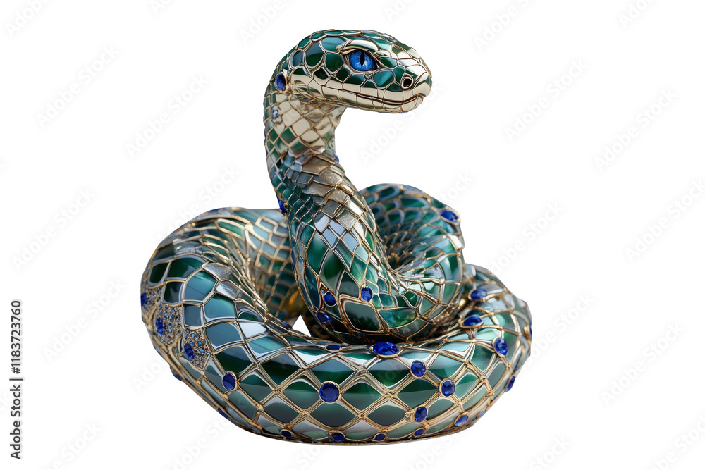 Fototapeta premium Elegant emerald snake sculpture with mosaic patterns and blue gemstones isolated on white transparent background, reptiles or wildlife, symbolizing Chinese Lunar New year