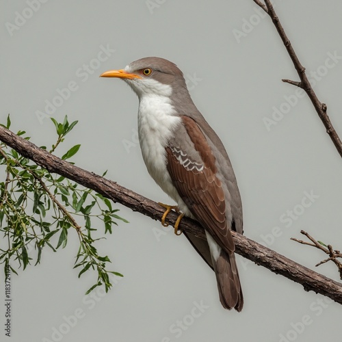 A yellow-billed cuckoo perched on a thin branch, looking curiously with a white backdrop.

