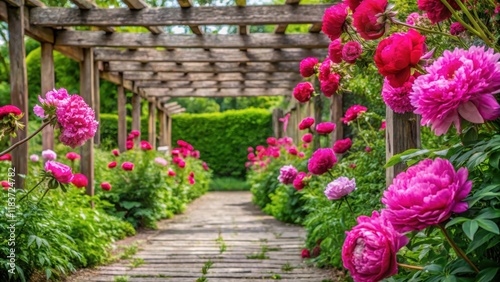 Fototapeta Naklejka Na Ścianę i Meble -  Vibrant peonies blooming in a garden surrounded by ancient wooden trellis and rustic stone pathways, garden, colorful,  garden