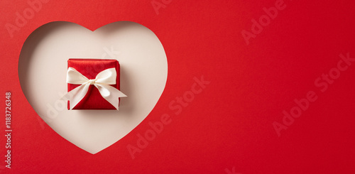 Red gift box with a white ribbon placed inside a paper heart cutout on red. Perfect depiction for Valentines day or romantic holiday themes, emphasizing love, surprise, and special occasions