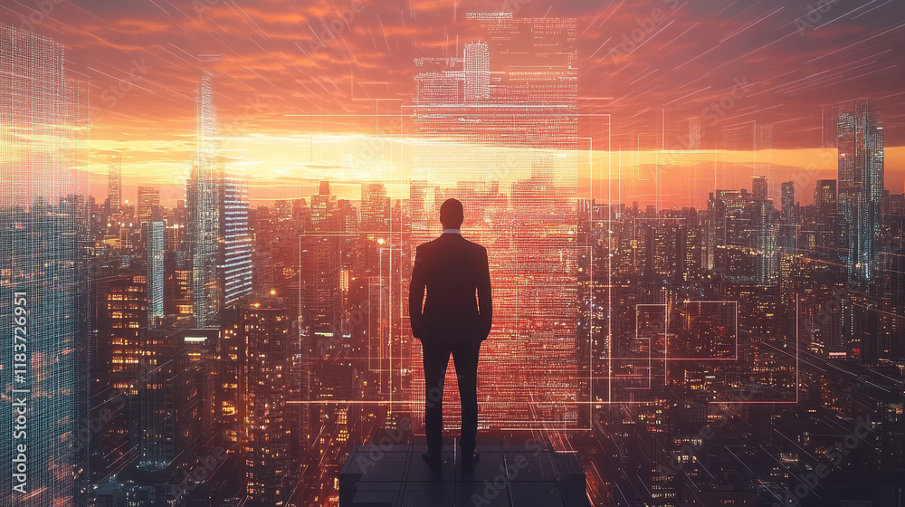 A businessman stands in front of a cityscape, surrounded by digital data, technology, and a global network concept A businessman stands in front of a cityscape, surrounded by digital data, technology, and a global network concept