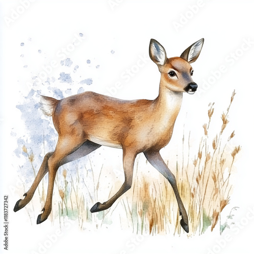 Wallpaper Mural Illustration of the European Roe Deer  running through the meadow, soft watercolor tones, white background, detailed illustration, cartoonish. Torontodigital.ca