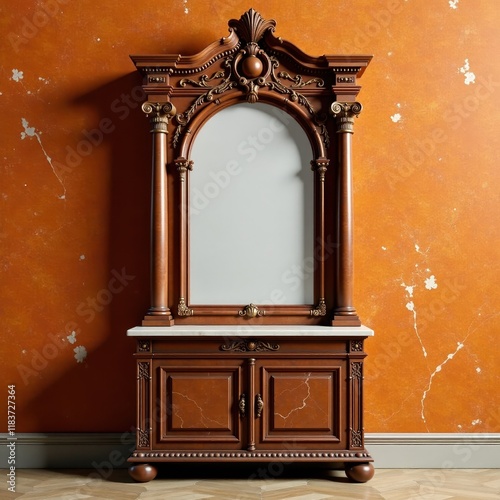 Old leather bookshelf with marbled mirror and ornate details against an orange marbled backdrop, furniture, mirror, bookshelf photo