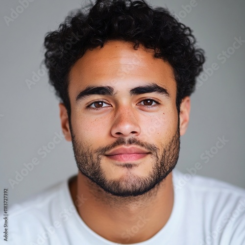 Casual Headshot of a Confident Young Man with Curly Hair and Subtle Beard in Natural Light