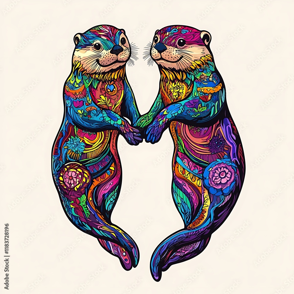 Fototapeta premium Two otters, holding hands, floral pattern, art, decor