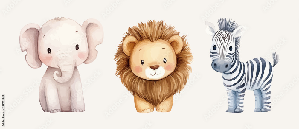 Φωτογραφία Watercolor Safari Animal Illustrations Elephant Lion Zebra Giraffe