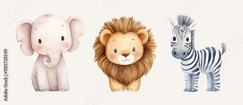 Watercolor Safari Animal Illustrations Elephant Lion Zebra Giraffe. Cute Safari Wildlife Watercolor Paintings Collection
