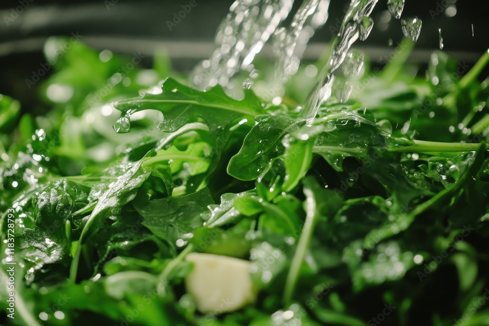 Homemade arugula salad featuring cooked veggies and creamy dressing