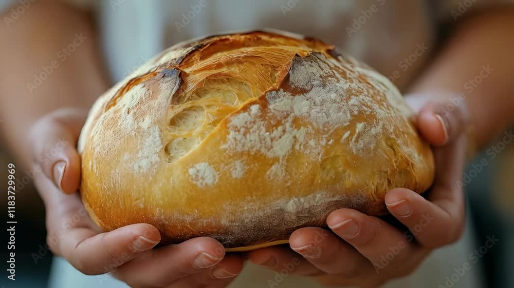Golden artisan bread loaf with a rustic crust, held gently in hands against a soft, neutral background