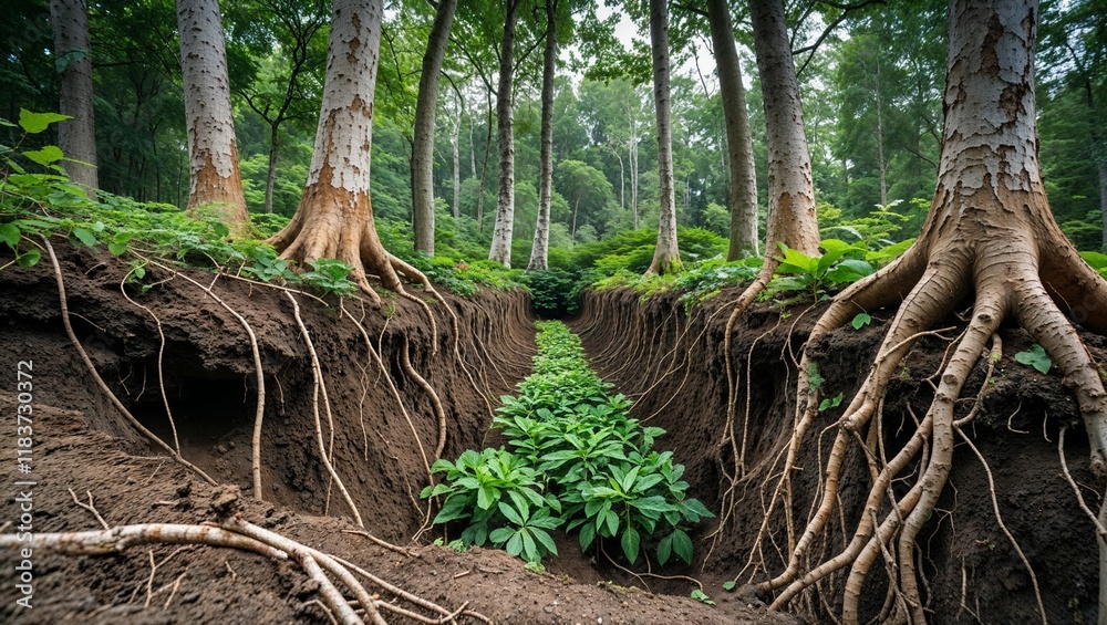 Tree roots in a forest surrounded by moss, grass, and ferns with a tranquil landscape and natural environment Tree roots in a forest surrounded by moss, grass, and ferns with a tranquil landscape and natural environment