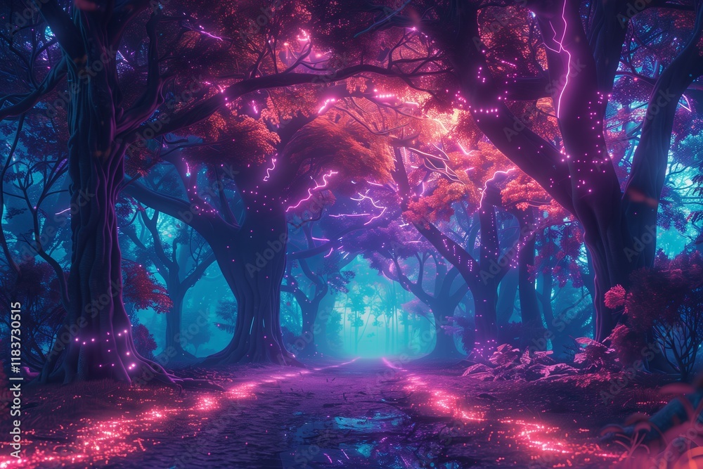 Fototapeta premium Explore the enchanting glow of a mystical forest path illuminated by vibrant colors and ethereal light.