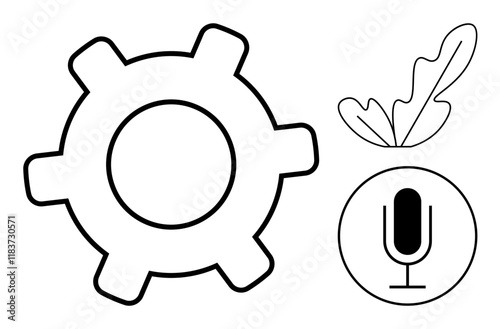 Black gear, leaf, and microphone represent technology, nature, and communication. Ideal for sustainability, engineering, ecology innovation media environmentalism nature. Abstract line flat