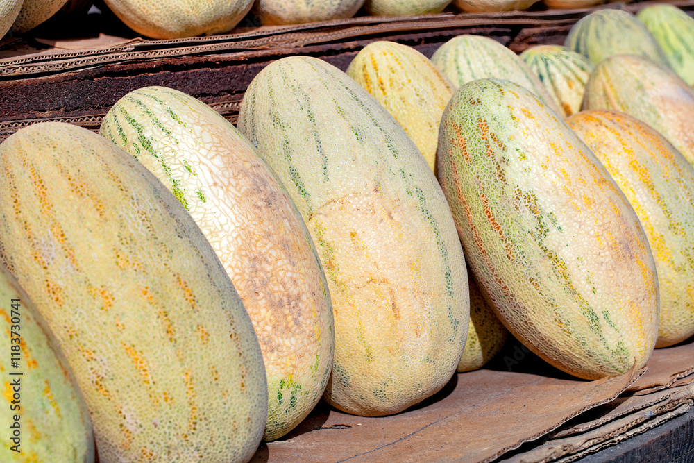 Vibrant display of fresh melons at a bustling local market in summer sun