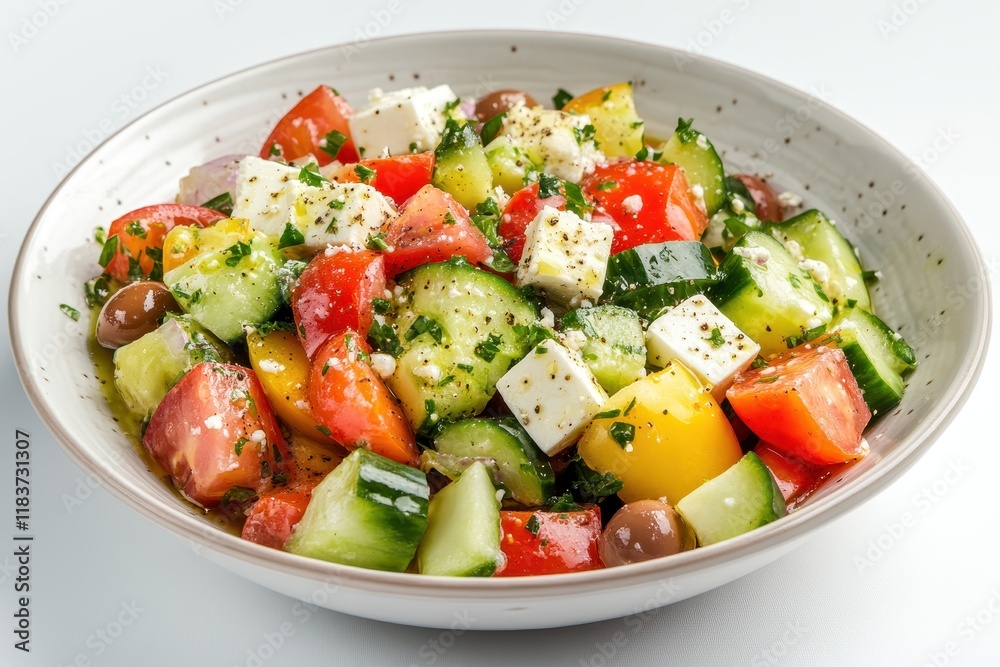 Horiatiki A fresh vegetable salad with cucumbers tomatoes olives onion bell pepper feta lettuce herbs and a dressing of salt pepper and olive oil Horiatiki A fresh vegetable salad with cucumbers tomatoes olives onion bell pepper feta lettuce herbs and a dressing of salt pepper and olive oil