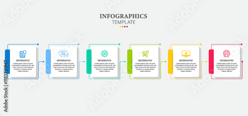 Concept of arrow business model with 6 successive steps. colorful rectangular elements. Timeline design for brochure, presentation. Infographic design layout