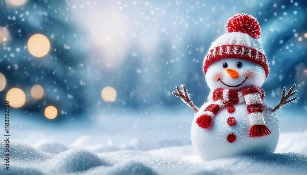 adorable snowman with red striped hat and scarf in snowy winter landscape, soft glowing bokeh lights, perfect for festive holiday designs adorable snowman with red striped hat and scarf in snowy winter landscape, soft glowing bokeh lights, perfect for festive holiday designs