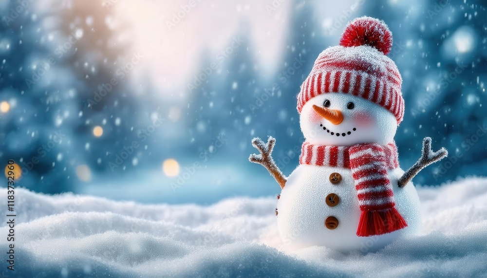 Fototapeta premium adorable snowman with red striped hat and scarf in snowy winter landscape, soft glowing bokeh lights, perfect for festive holiday designs
