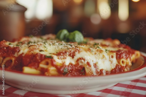 Wallpaper Mural Close-up of baked ziti in an italian restaurant, with cheese and basil Torontodigital.ca