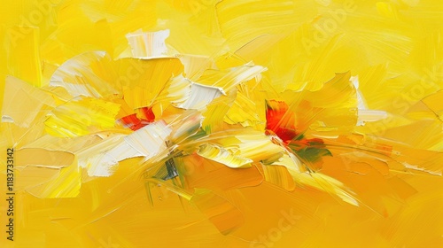 A vibrant painting of two yellow flowers against a bright yellow background.