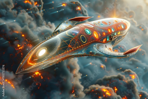 Futuristic spaceship soaring through clouds, blending advanced design with vibrant colors and dramatic lighting. photo