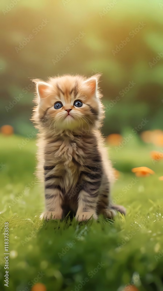 Kitten sitting garden sunlit grass flowers. Kitten sitting garden sunlit grass flowers.