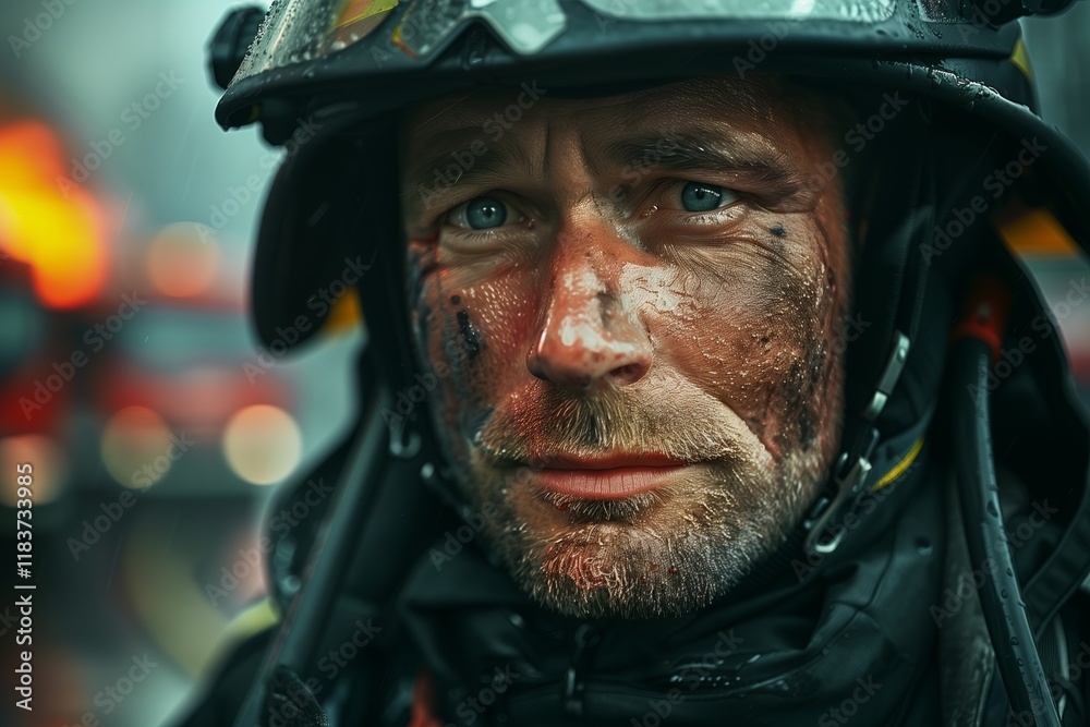 Heroic firefighter portrait, showcasing resilience and determination amidst the chaos of flames and danger. Heroic firefighter portrait, showcasing resilience and determination amidst the chaos of flames and danger.