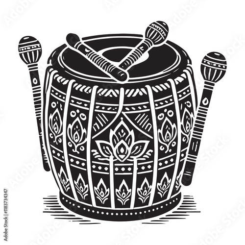 Tabla Silhouette Vector Illustration, Solid White Background.
