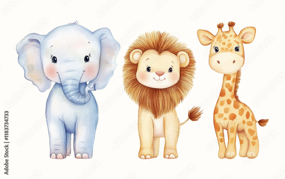 Obraz premium Watercolor Safari Animal Illustrations Elephant Lion Zebra Giraffe. Cute Safari Wildlife Watercolor Paintings Collection