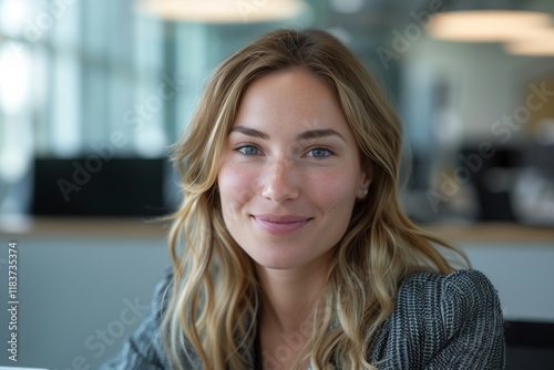 Free Download Portrait of a confident businesswoman smiling in a modern office setting. - GFXLoad