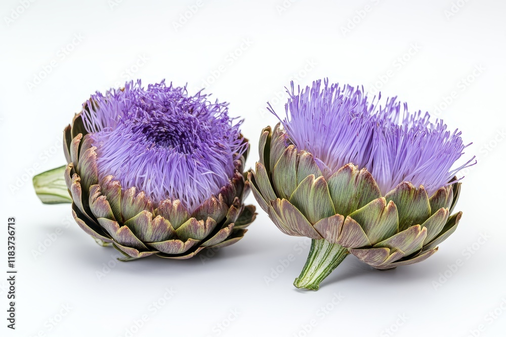 Fototapeta premium Isolated white background featuring two purple edible buds of fresh artichoke flower Culinary idea