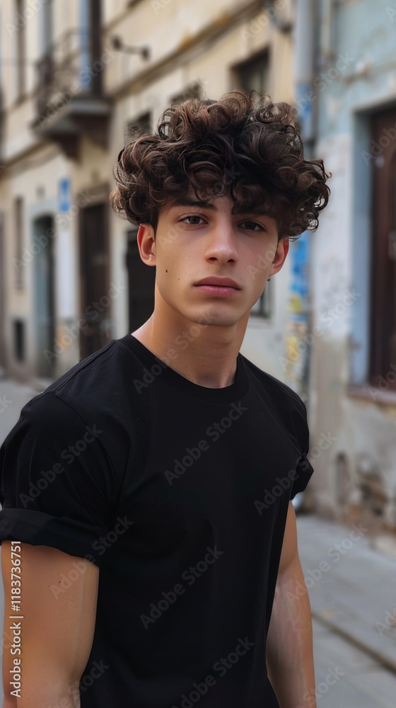 A young man stands confidently on a city street, surrounded by aged buildings, with curly hair catching the warm sunlight. His thoughtful gaze reflects a moment of contemplation. A young man stands confidently on a city street, surrounded by aged buildings, with curly hair catching the warm sunlight. His thoughtful gaze reflects a moment of contemplation.
