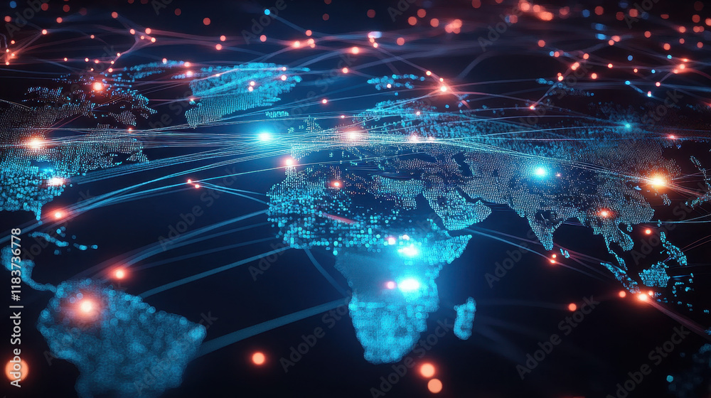 Abstract digital map of the world with glowing connections and blue lights representing a global network Abstract digital map of the world with glowing connections and blue lights representing a global network