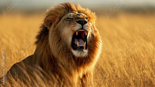 A male lion roaring on a grassy savannah, with the golden rays of the sunrise backlighting its mane, the lion's intense expression and detailed fur texture, blurred grassland in the background.