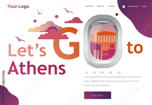 Landing page template for your holiday flight to Athens. Banner, site, poster template. Travel and tourism concept for website template. Vector illustration.
