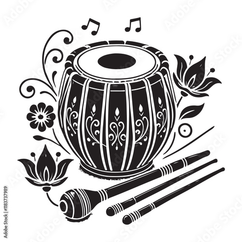 Tabla Silhouette Vector Illustration, Solid White Background.