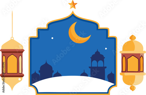 
Islamic celebration banner template with empty space for photo, copy space for text area, lantern and crescent decorative pattern background 
