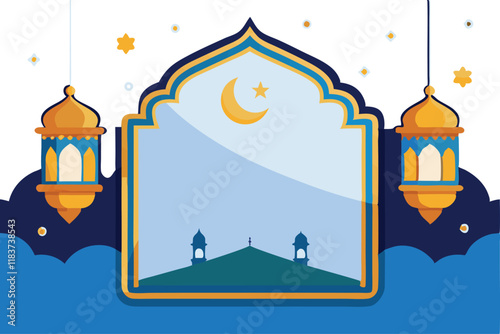 
Islamic celebration banner template with empty space for photo, copy space for text area, lantern and crescent decorative pattern background 