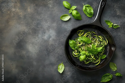 Low carb vegan meal sautéed zucchini noodles with basil and garlic in cast iron on a stone counter Bird s eye view Room for text photo