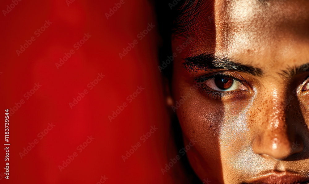 Dramatic Portrait with Striking Red Shadow and Intense Expression Dramatic Portrait with Striking Red Shadow and Intense Expression