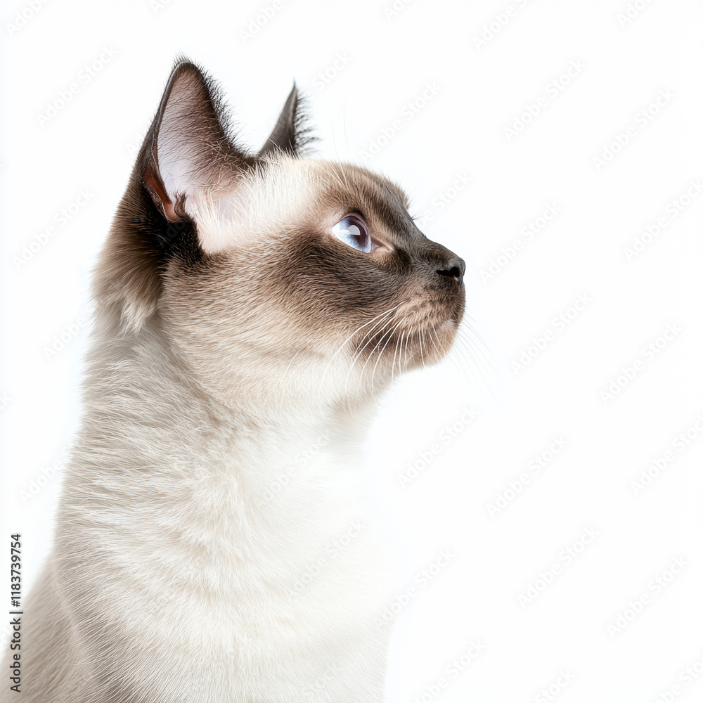 Siamese cat with striking blue eyes gazing upwards against white background Siamese cat with striking blue eyes gazing upwards against white background