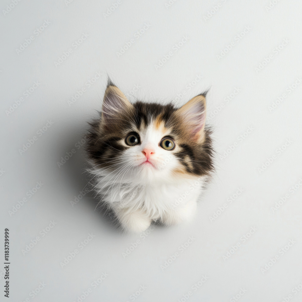 Fluffy kitten with big eyes looking up against light background Fluffy kitten with big eyes looking up against light background