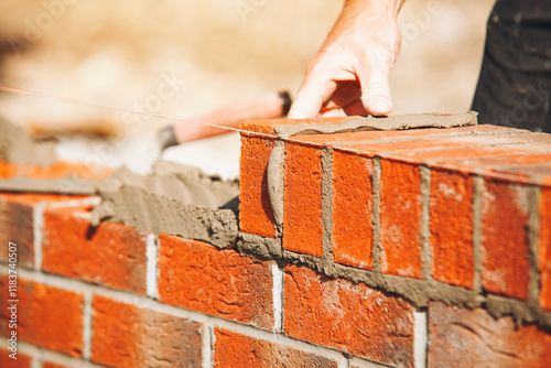 Close-up of Skilled masonry work in progress featuring brick laying and mortar application outdoors