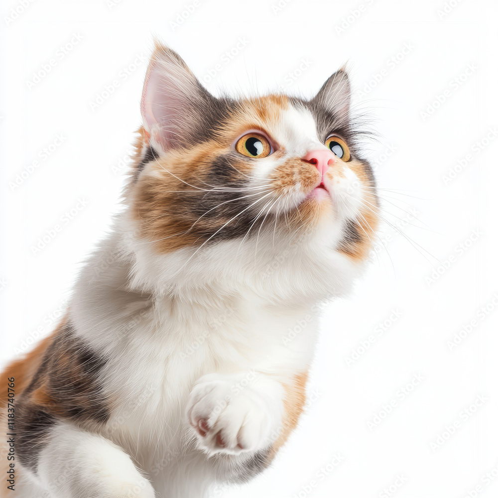 playful calico cat with bright eyes and fluffy fur, looking up curiously playful calico cat with bright eyes and fluffy fur, looking up curiously