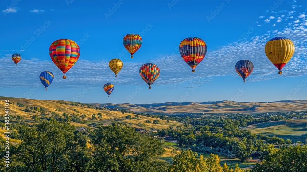 Obraz premium Colorful Hot Air Balloons Soaring Over Scenic Landscape