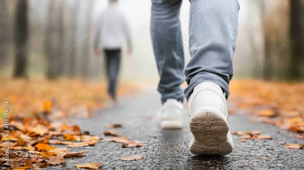 Walking through autumn leaves park trail photography foggy environment close-up view nature's tranquility Walking through autumn leaves park trail photography foggy environment close-up view nature's tranquility