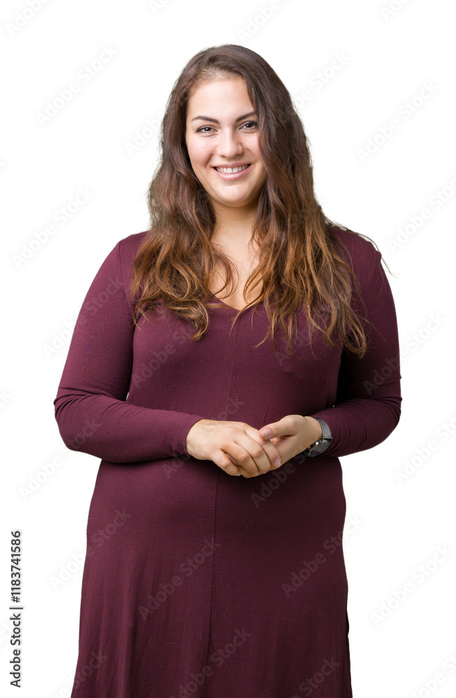 Beautiful and attractive plus size young woman wearing a dress over isolated background Hands together and fingers crossed smiling relaxed and cheerful. Success and optimistic Beautiful and attractive plus size young woman wearing a dress over isolated background Hands together and fingers crossed smiling relaxed and cheerful. Success and optimistic