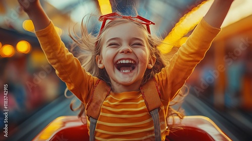 A joyful little girl riding a rollercoaster at the playground, filled with excitement and laughter. Her playful smile captures the essence of childhood fun and happiness in the great outdoors.