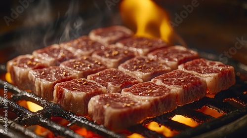 A close-up of a sizzling steak on a barbecue grill, flames licking the meat as it cooks to perfection. The gourmet aroma fills the air, promising a delicious, mouth-watering BBQ meal.