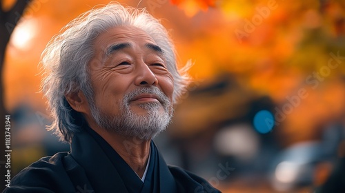 A mature Japanese man with gray hair, exuding happiness and contemplation. This senior adult, representing the wisdom of age, is captured in a headshot, reflecting the success and serenity of retireme